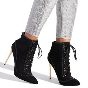 Shoe Dazzle Dangerous Lace-Up Stiletto Booties - Black/Gold 7.5